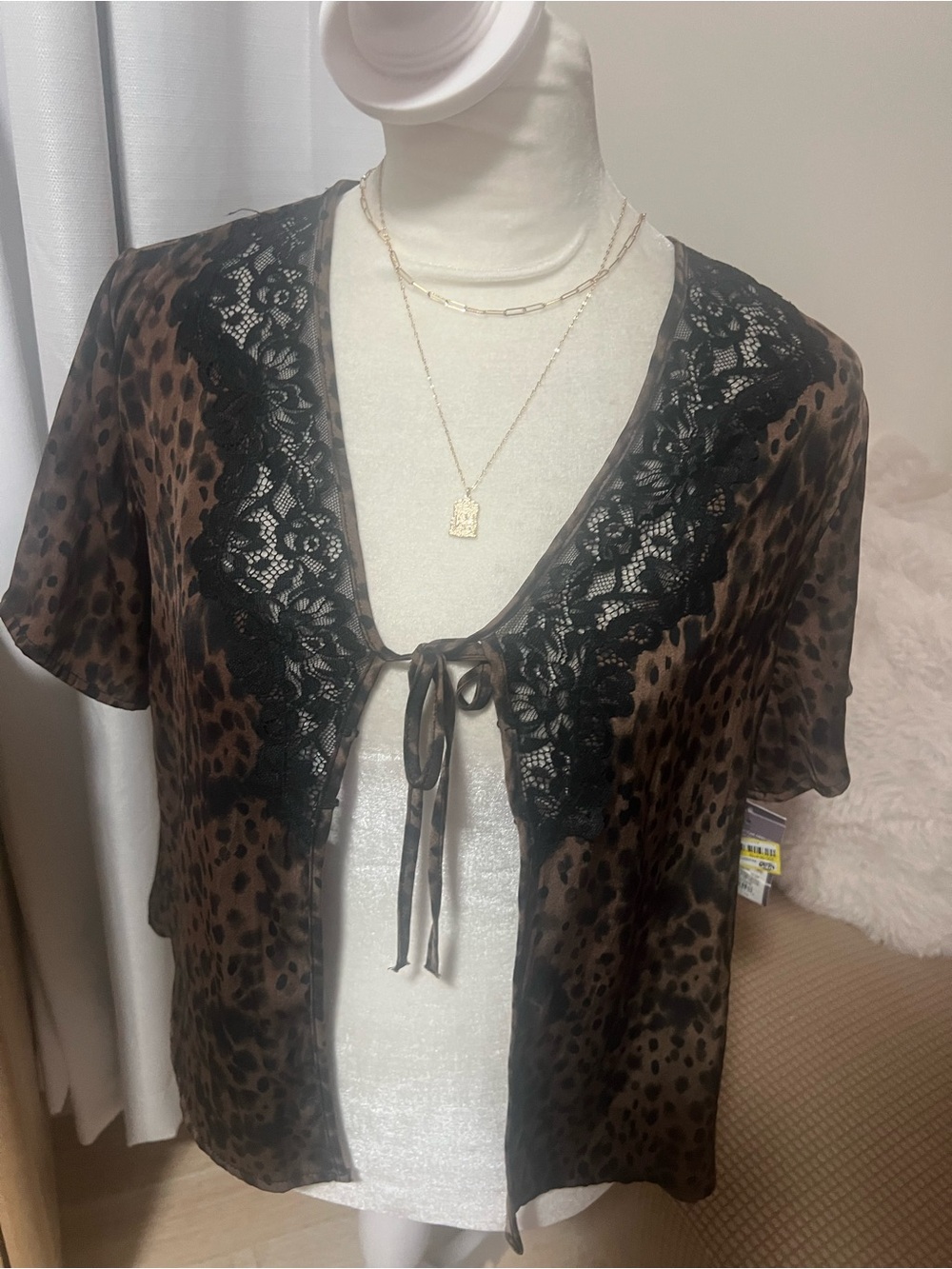 Auden Brown & Black Leopard Lace-Trim Sheer Tie-Front Top